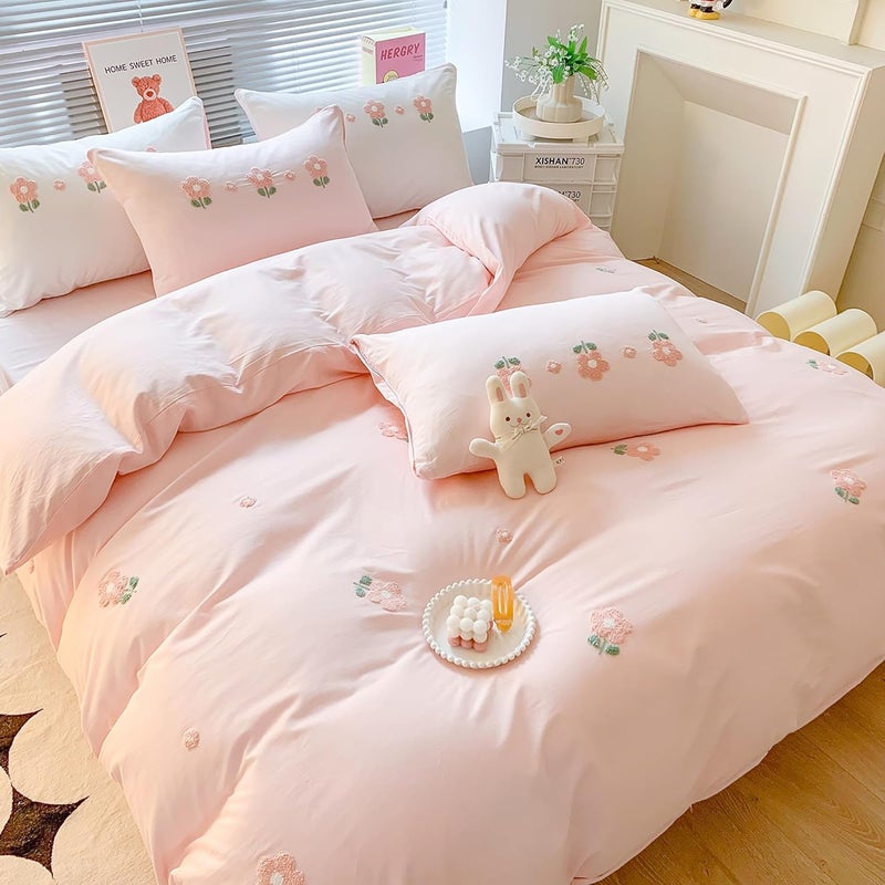 MorroMorn Twin Duvet Cover Cotton, 3D Embroidery Twin Bedding Sets Pink Bed Set, Fluffy Chenille Embroidered Comforter Covers Soft Sweat-Absorbing for Girls Kids Teen (Flowers Pink, Twin/Twin XL) - Image 1